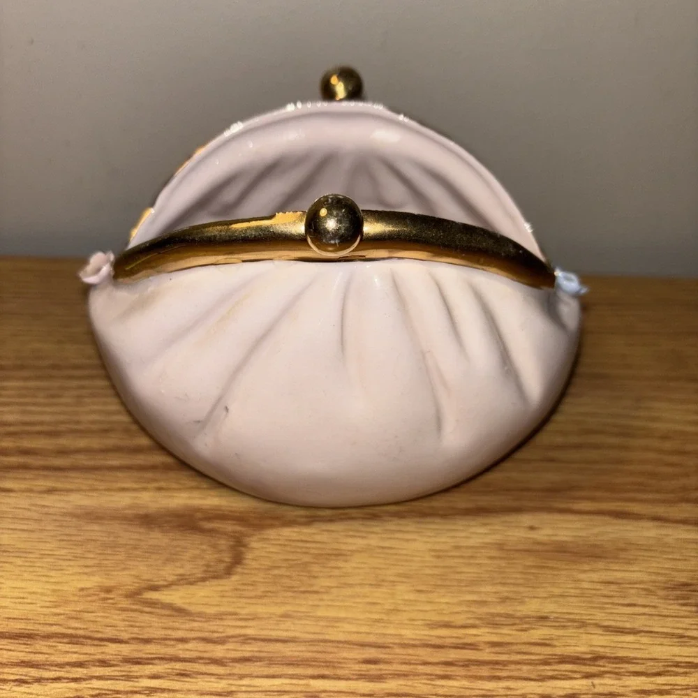 Vintage Lefton Porcelain Purse Shaped Vase  Pink Blue Flowers Gold‎ Accents